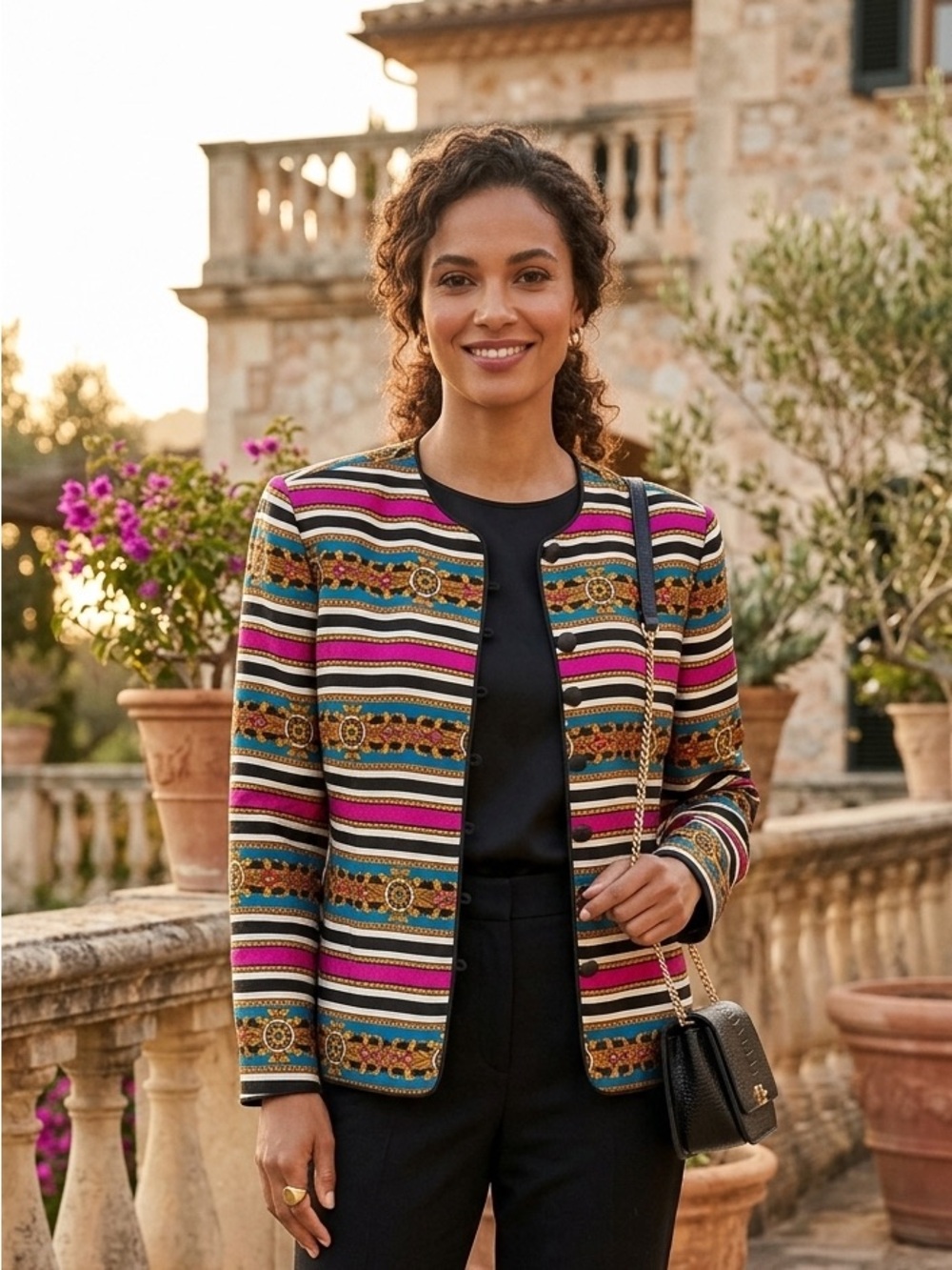 VTG Adrianna Papell Silk Baroque Pattern Striped Button Jacket Blazer 6